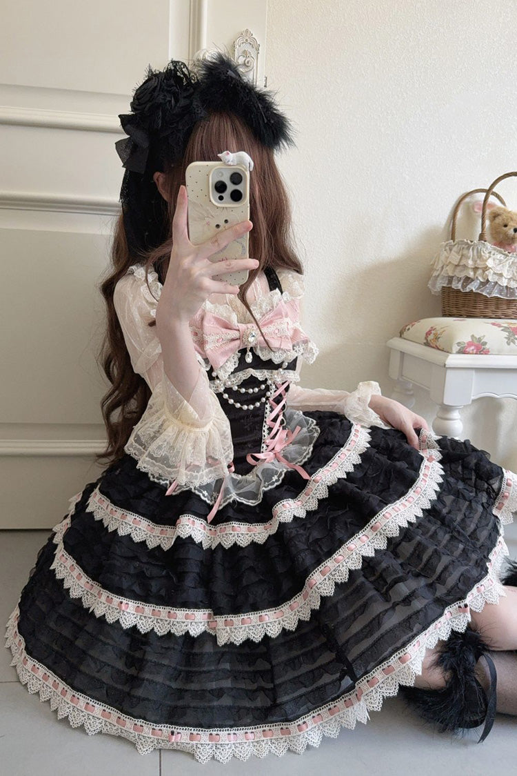 Black Song of Floral Letters Sleeveless Triple-Layered Bowknot Lace-Up Sweet Lolita Jsk Dress