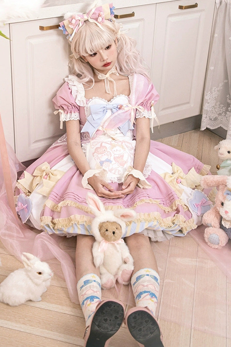 Pink Short Sleeves Print Ruffle Bowknot Lace-Up Sweet Princess Lolita Dress Set