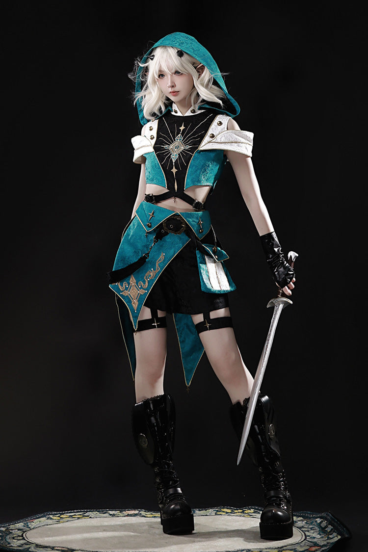 Blue/Green Traveler's Outfit Print Embroidery Hooded Ouji Fashion Sweet Handsome Lolita Set