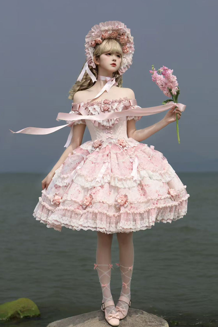 Pink Rose Manor Short Puff Sleeves Ruffle Bowknot Lace Sweet Japanese Princess Lolita Dress