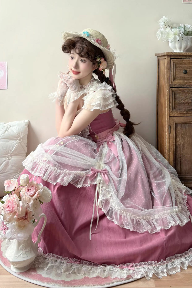 Rose Red Sakura's Spring Resonance Sleeveless Ruffled Bow Sweet Lolita Jsk Dress (Long Version)