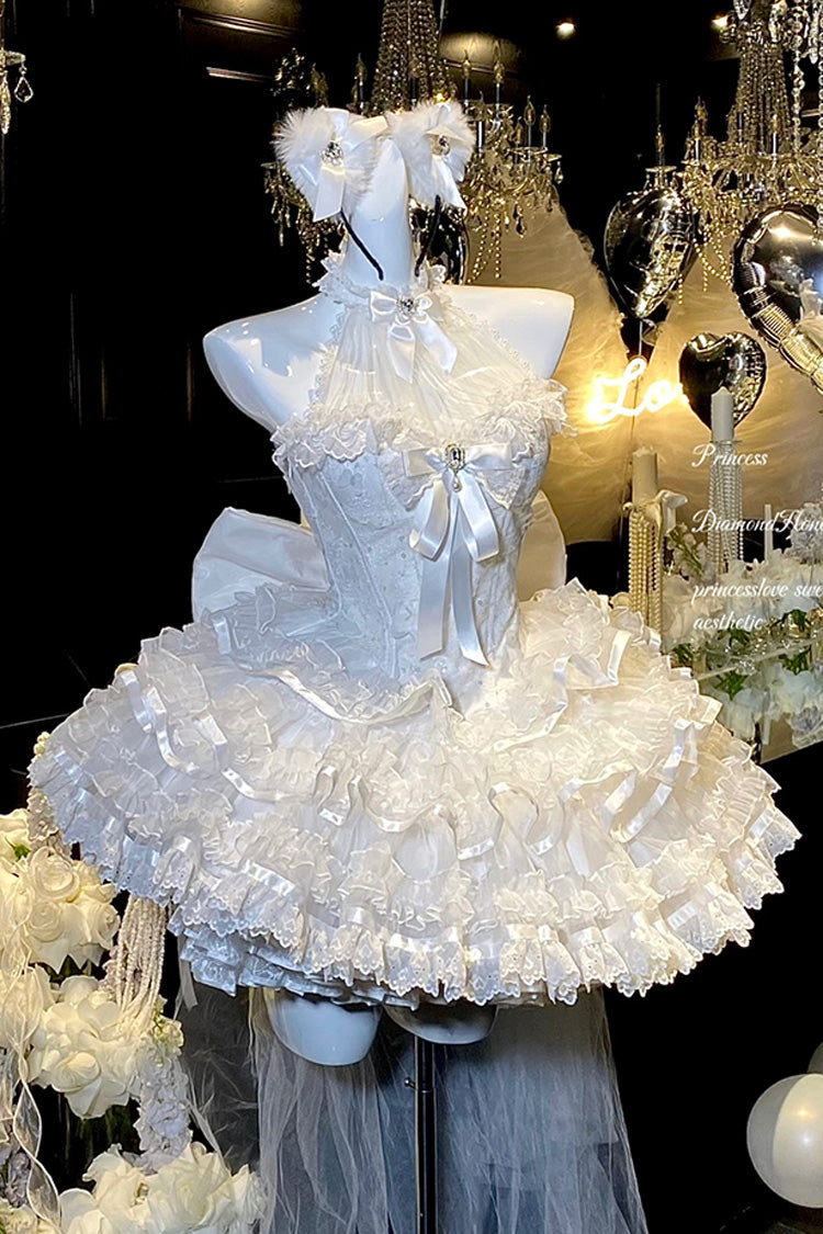 White Love God Bride Halterneck Ruffle Hanayome Bowknot Lace Sweet Princess Lolita Jsk Dress