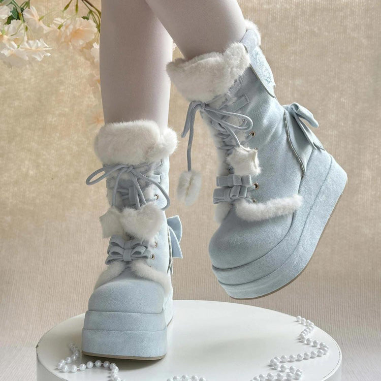 Blue Cute Platform Thick-Soled Bowknot Lace-Up Sweet Lolita Plush Boots