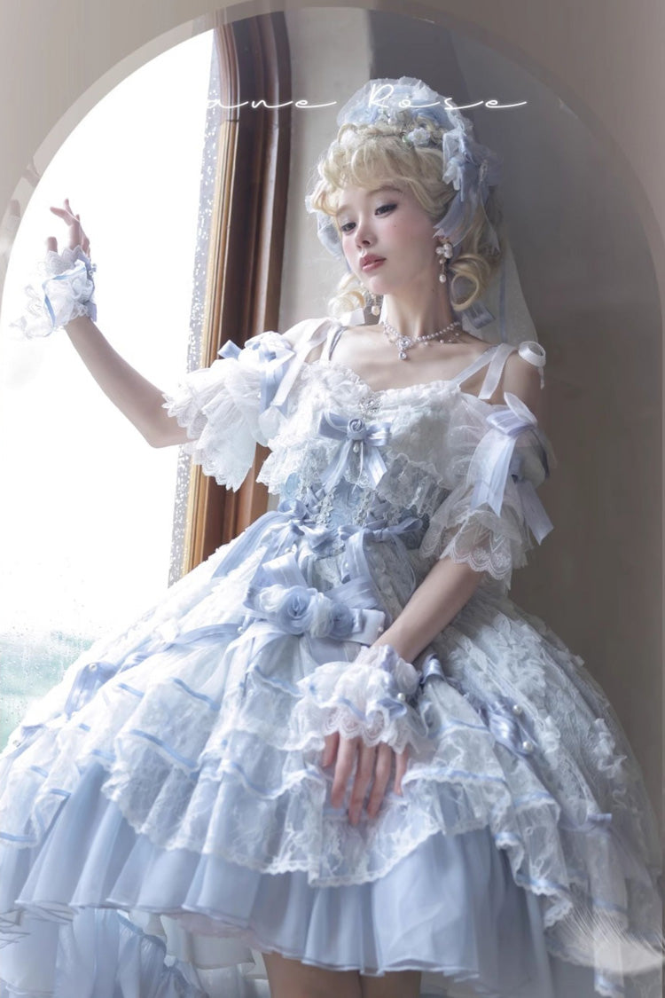Blue Diane Rose Short Sleeves Multi-Layered Jacquard Ruffle Hanayome Cardigan Bowknot Lace Sweet Lolita Dress