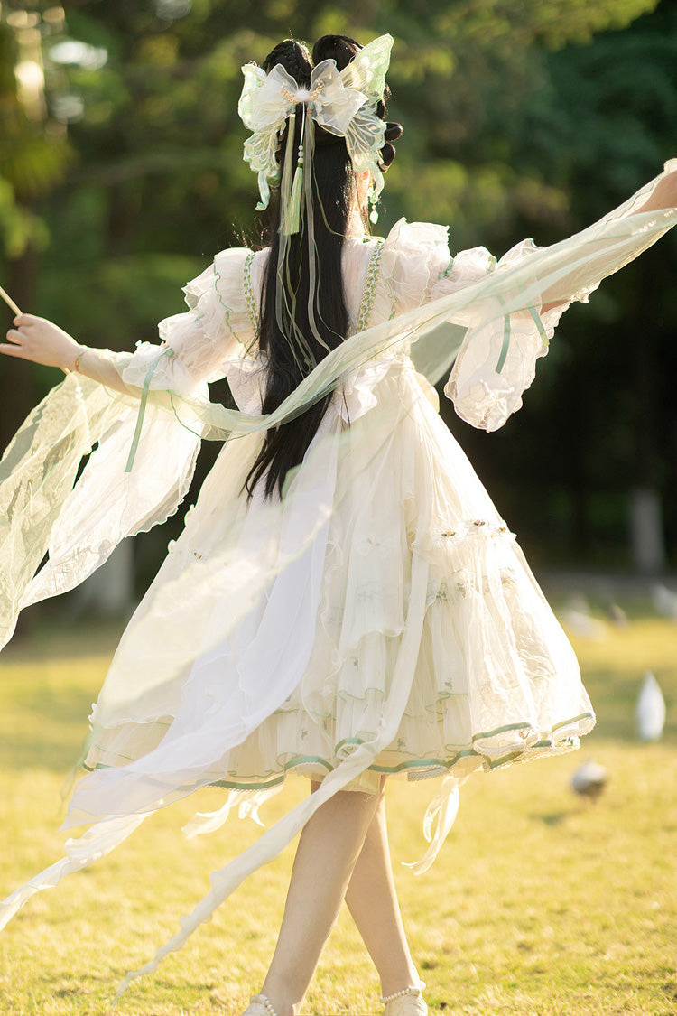 Ivory Luo Ling Fu Ruffle Embroidery Bowknot Lace Sweet Chinese Style Lolita Jsk Dress