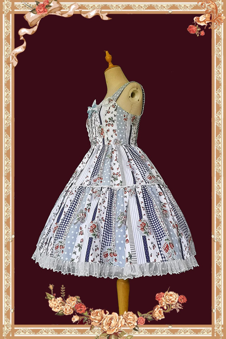 Light Blue Strawberry Plaid Print Bowknot Sleeveless Ruffle Sweet Lolita Dress