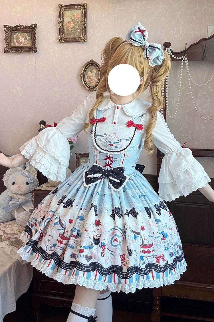Blue Mystery Rabbit Tea Party Sleeveless Print Ruffle Bowknot Lace Sweet Lolita Jsk Dress