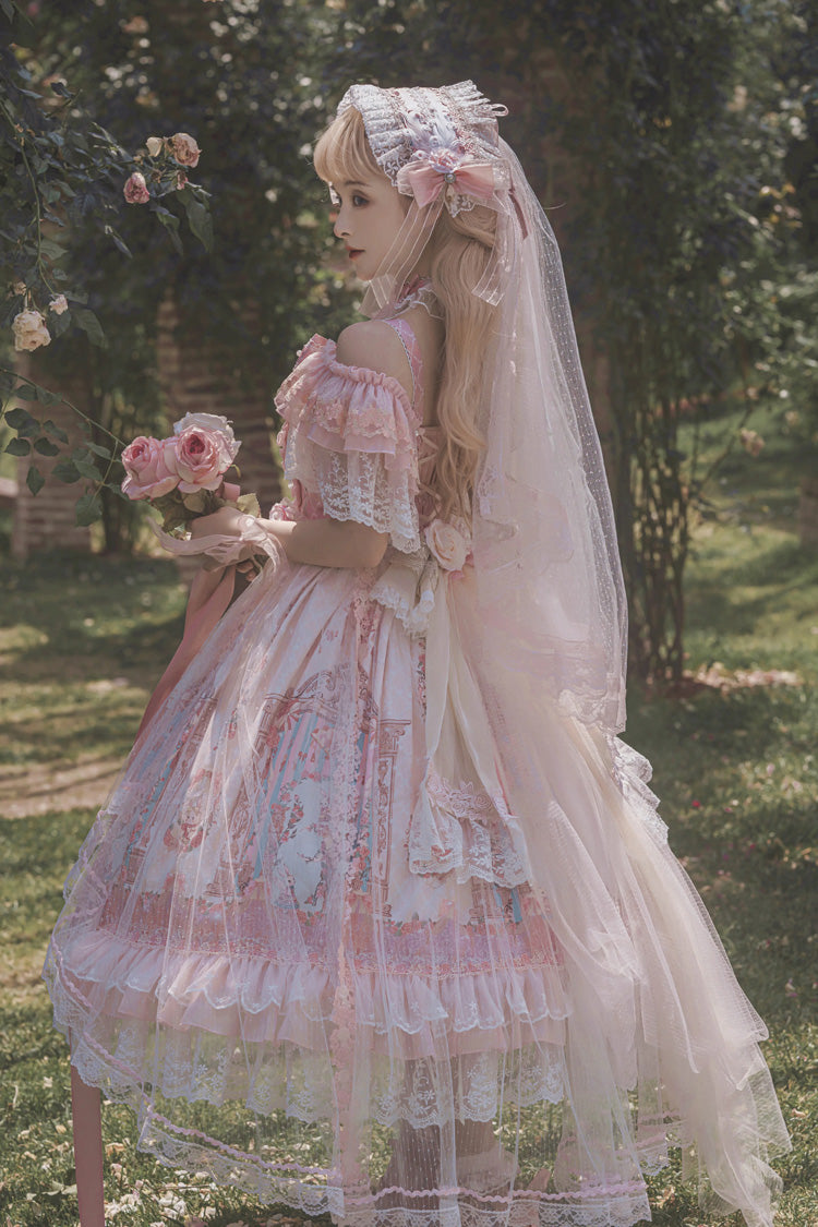 Pink Moonlight Melody Off Shoulder Sleeveless Multi-Layered Hanayome Open-Front Bow Lace Sweet Gorgeous Lolita Jsk Dress Set