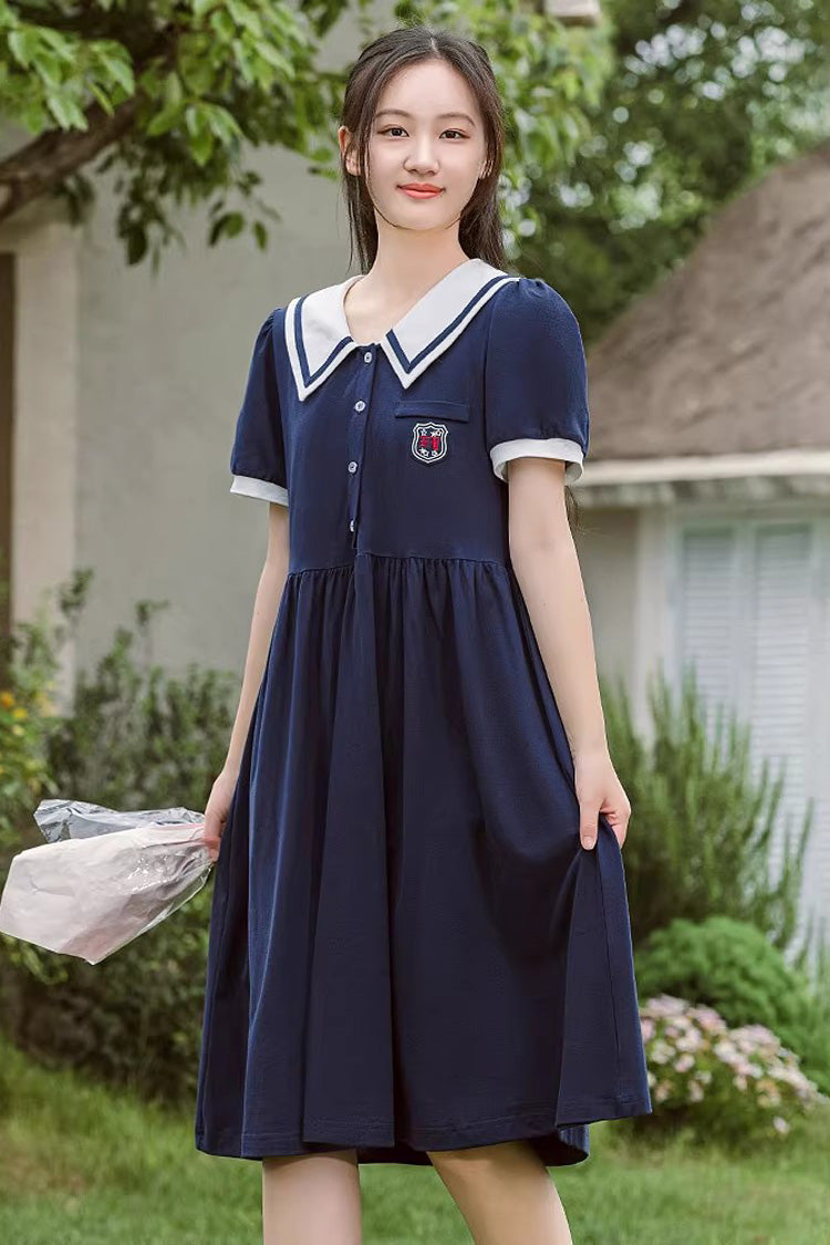 Sweet Short Sleeves High Waisted College Style Lolita Dress 2 Colors