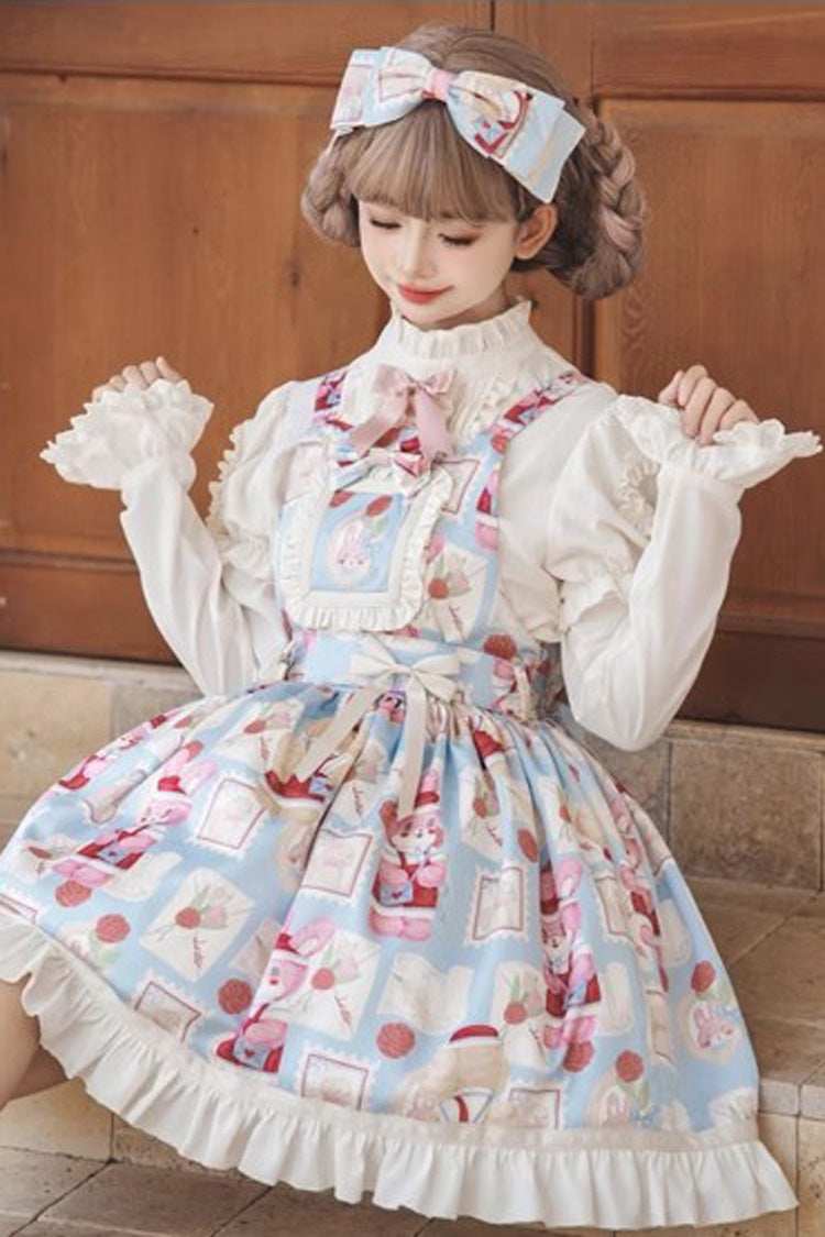 Light Blue Letter from Showa Rabbit and letter Print Ruffle Bowknot Sweet Princess Lolita Strap Dress