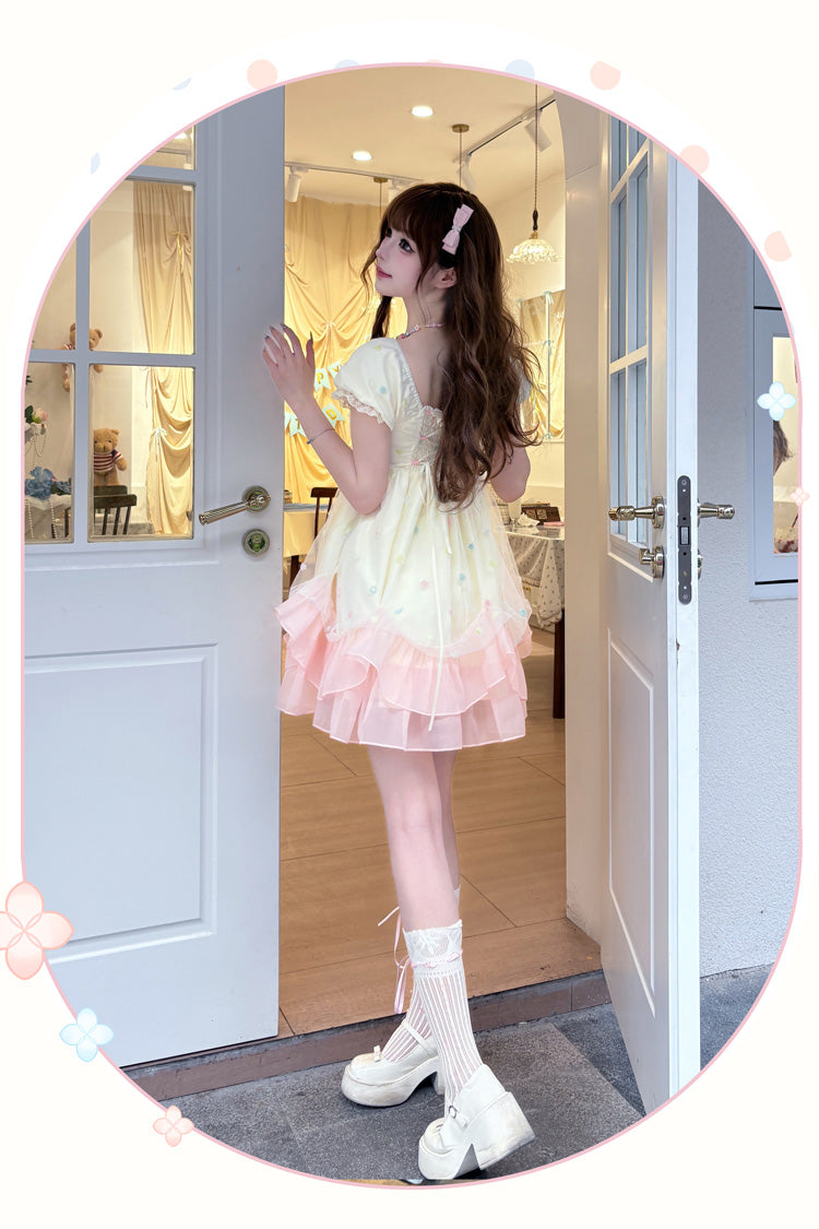 Apricot/Pink Bubble Lover Short Puff Sleeves Multi-Layered Ruffle Lace Sweet Princess Lolita Dress