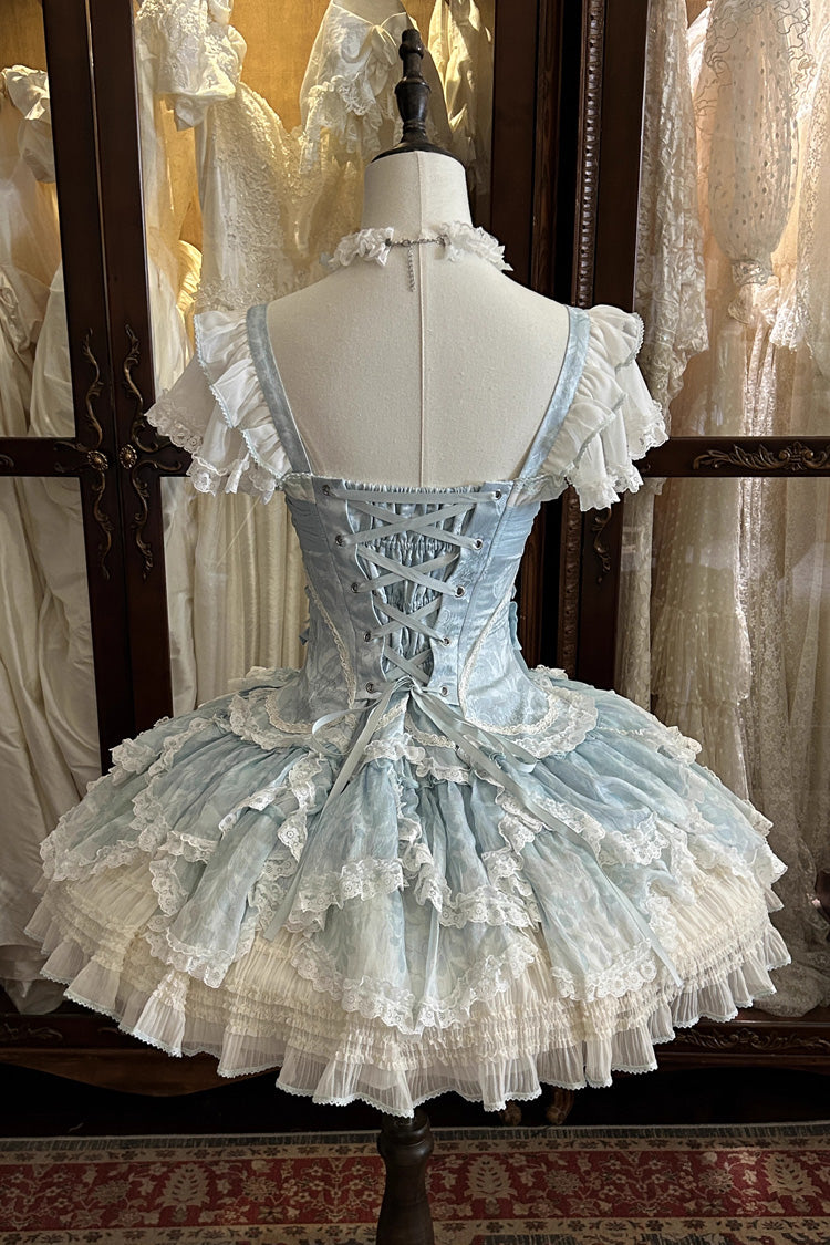 Green Floral Dream Short Sleeves Multi-Layered Ruffle Embroidery Bowknot Lace-Up Sweet Elegant Ballet Lolita Jsk Dress