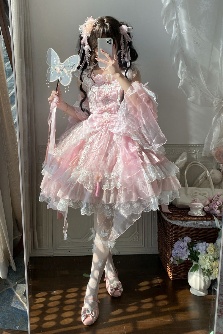 Pink Spring Waters Reflecting Pear Blossoms Ruffled Embroidered Open-Front Bow Lace Sweet Lolita Jsk Dress