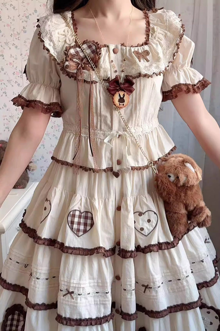 Ivory Lovely Heart Triple-Layered Ruffle Embroidery Bowknot Sweet Elegant Lolita Skirt