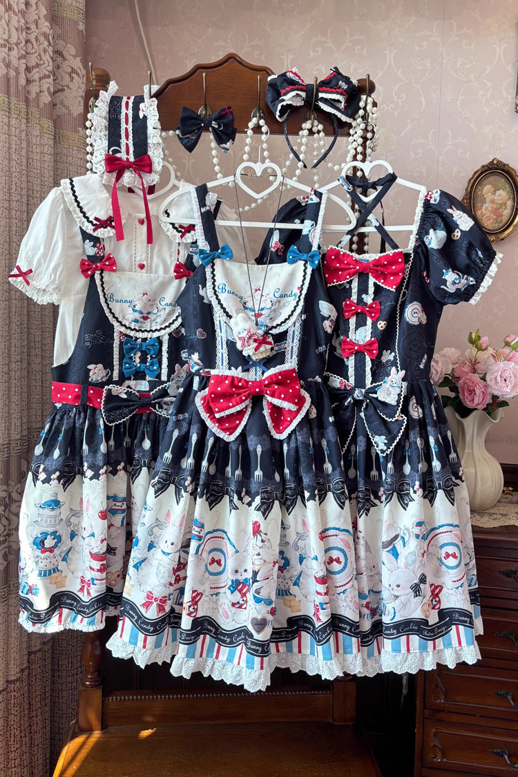 Black Mystery Rabbit Tea Party Square Collar Short Sleeves Print Ruffle Bowknot Lace Sweet Lolita Dress