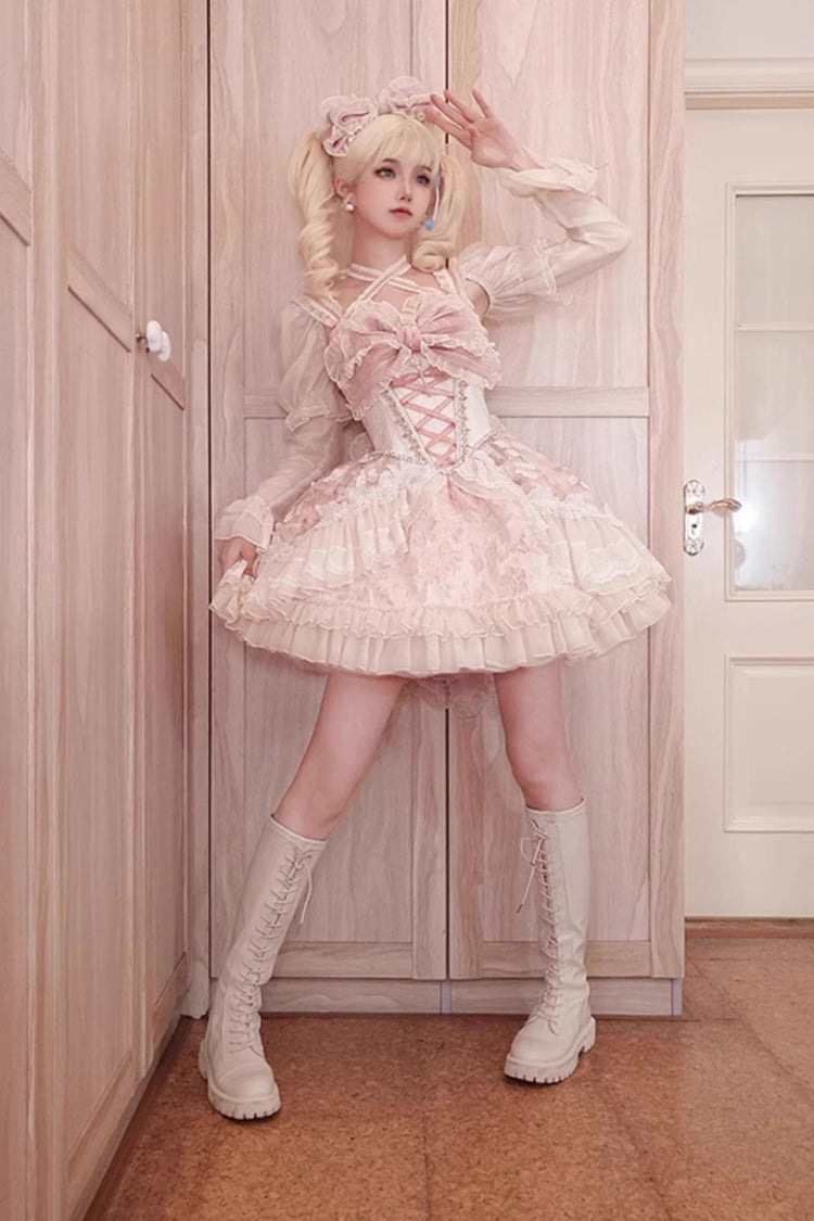 Pink Lilibet Print Ruffle Cardigan Bowknot Lace Fishbone Sweet Lolita Dress