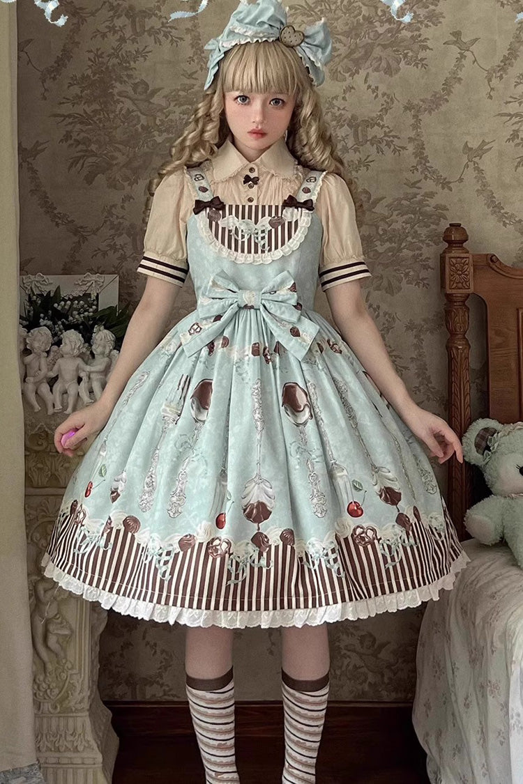 Green Chocolate Cherry Print Bowknot Sweet Lolita Jsk Dress