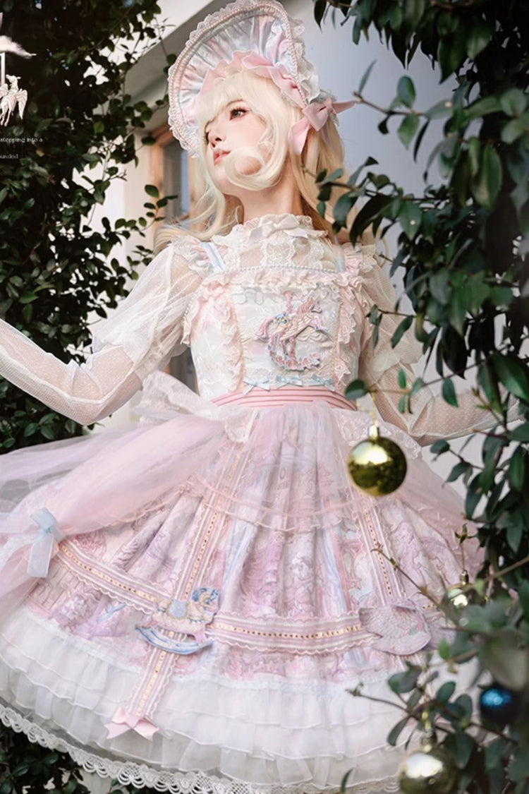 Pink/Blue Pegasus Park Multi-Layered Print Ruffle Bowknot Lace Sweet Gorgeous Lolita Jsk Dress