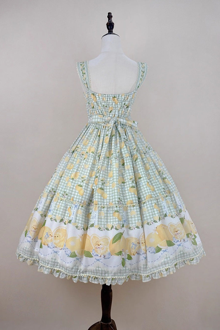 Green Lemon Chicken Print Ruffle Bowknot Lace Sweet Lolita Jsk Long Dress