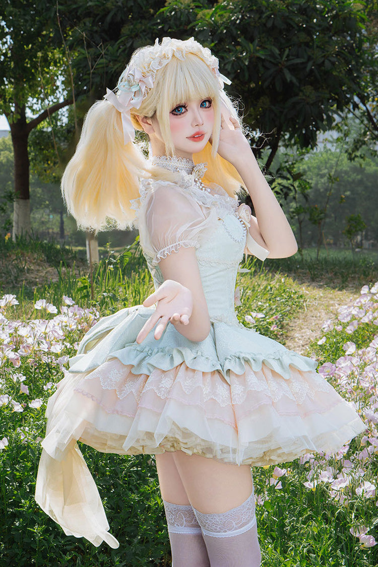 Green Sleeveless Multi-Layered Ruffle Bowknot Lace Lace-Up Sweet Princess Lolita Jsk Dress