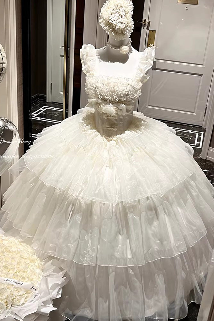 Beige Mousse Serenade Triple-Layered Ruffled Hanayome Bow Lace Sweet Princess Lolita Strapless Dress