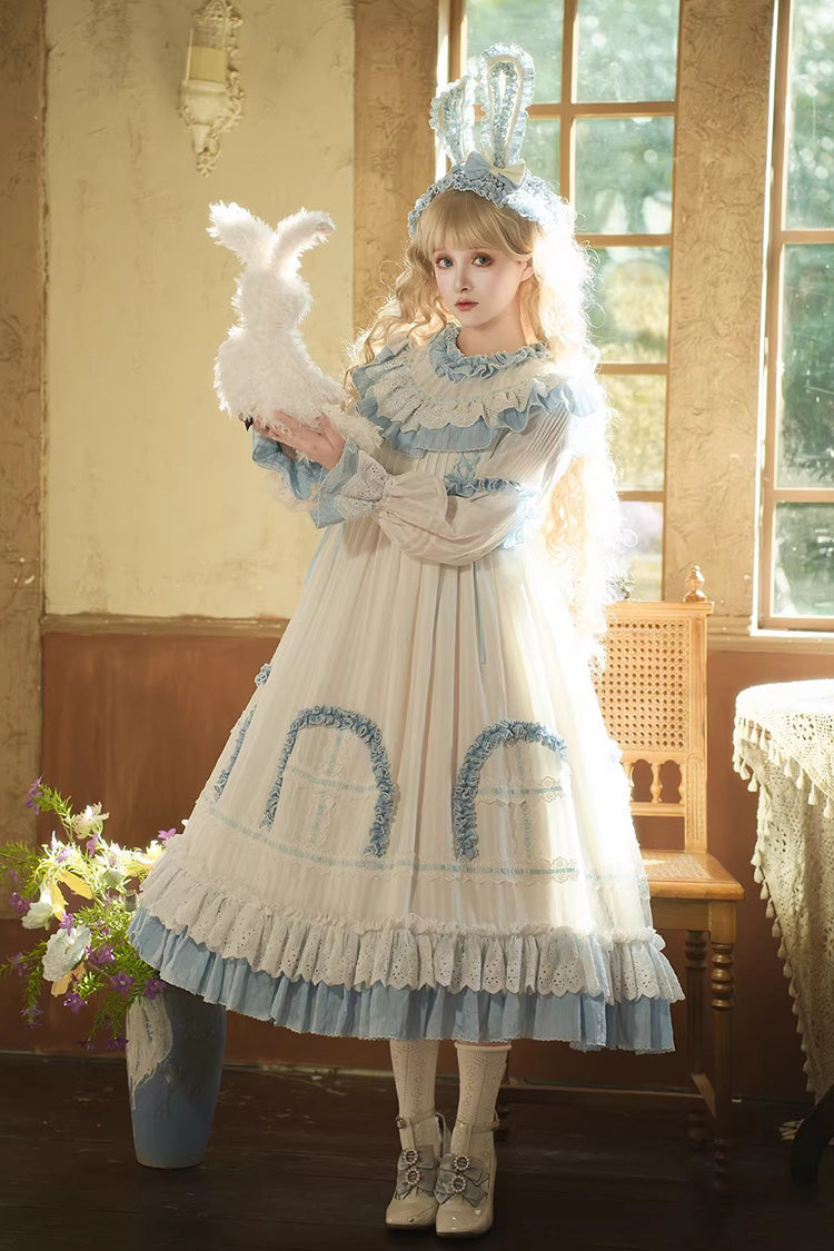 Blue Twin Lilian Round Collar Long Sleeves Double-Layered Ruffled Bow Lace-Up Sweet Lolita Dress