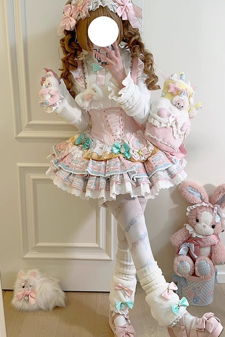 Pink Candy House Multi-Layered Print Ruffle Bowknot Lace-Up Sweet Ballet Lolita Jsk Dress