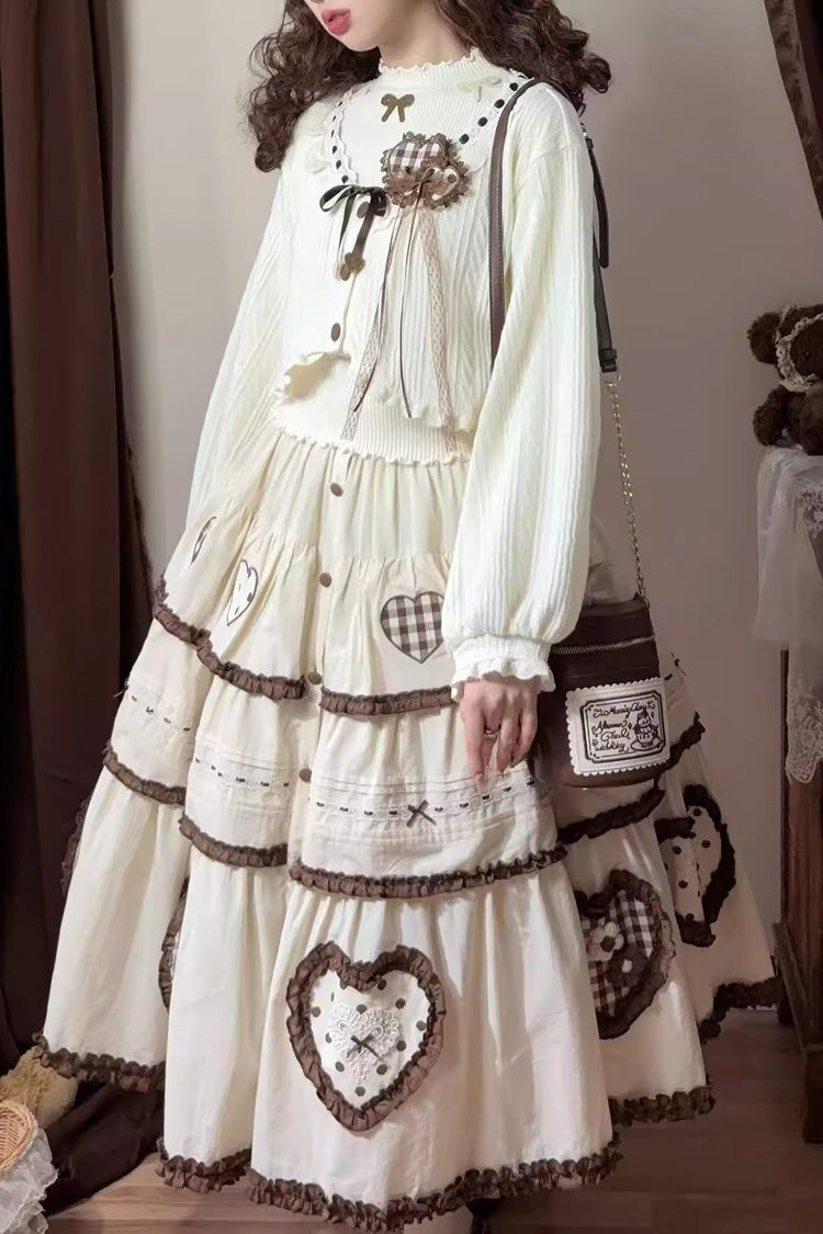 Ivory Lovely Heart Triple-Layered Ruffle Embroidery Bowknot Sweet Elegant Lolita Skirt