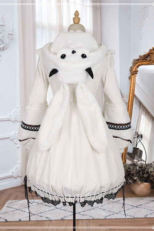 Beige Detachable High Neck Woolen Cuffs Demon Rabbit Gothic Lolita OP Dress