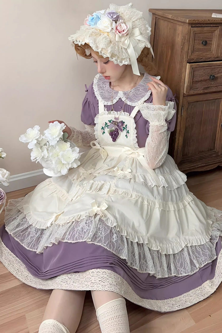 Purple Mist over Flowers Along the Path Lapel Collar Long Sleeves Embroidery Bowknot Lace Sweet Lolita Dress