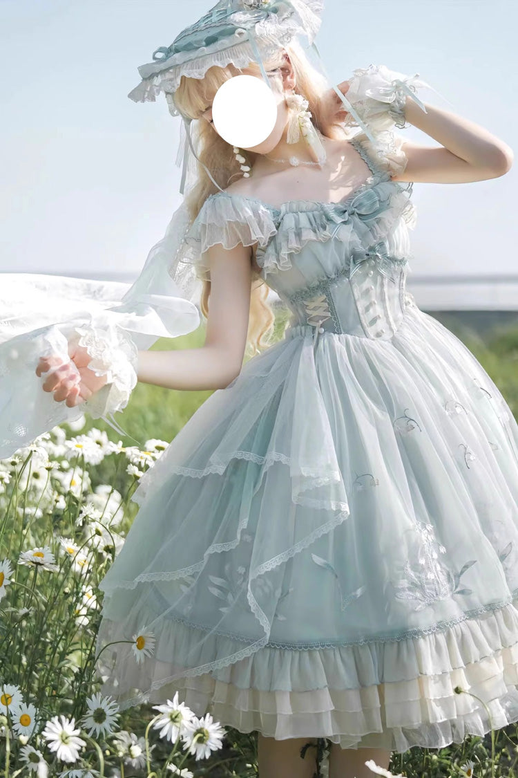 Light Green Love Is Coming Multi-layer Ruffle Embroidery Bowknot Sweet Princess Lolita Jsk Dress