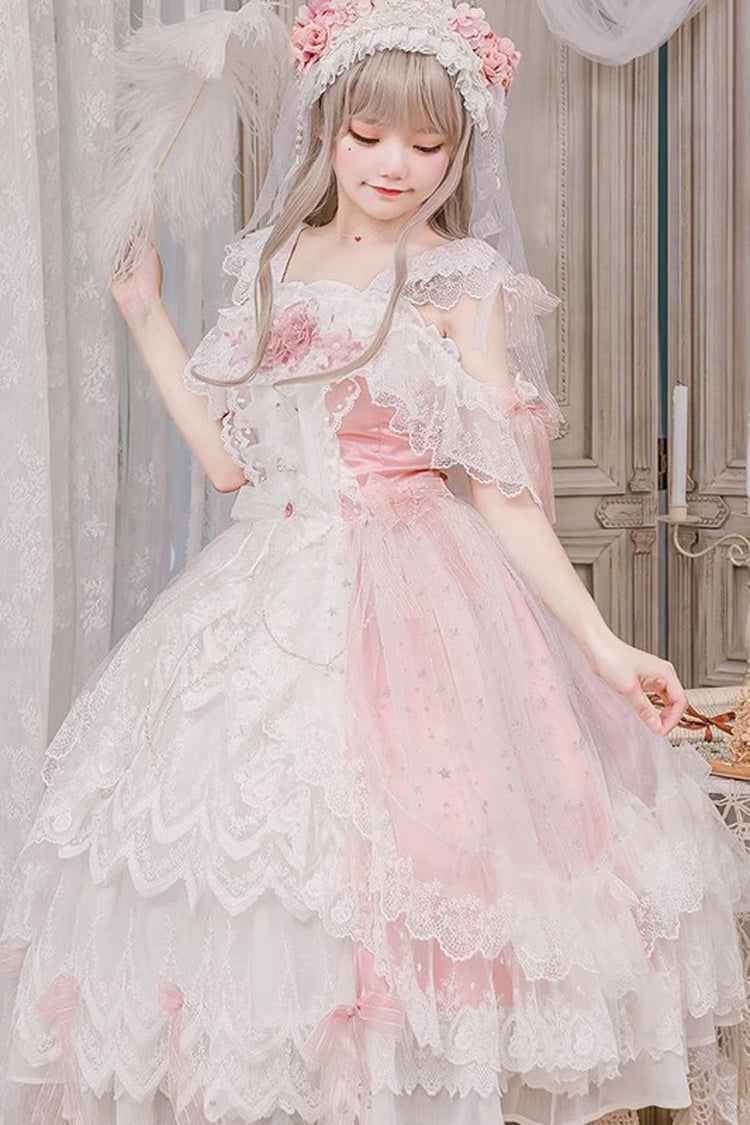 Pink Glazed Phantom Off Shoulder Ruffle Hanayome Bowknot Lace Sweet Elegant Lolita Dress