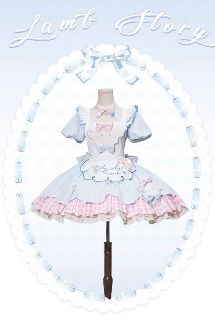 Blue/Pink Lamb Story Short Puff Sleeves Double-Layered Plaid Print Ruffle Bowknot Sweet Lolita Jsk Dress Set