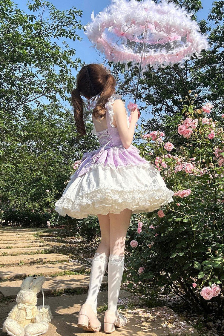 Purple Leiffu Sleeveless Ruffle Bowknot Lace Lace-Up Sweet Ballet Lolita Jsk Dress
