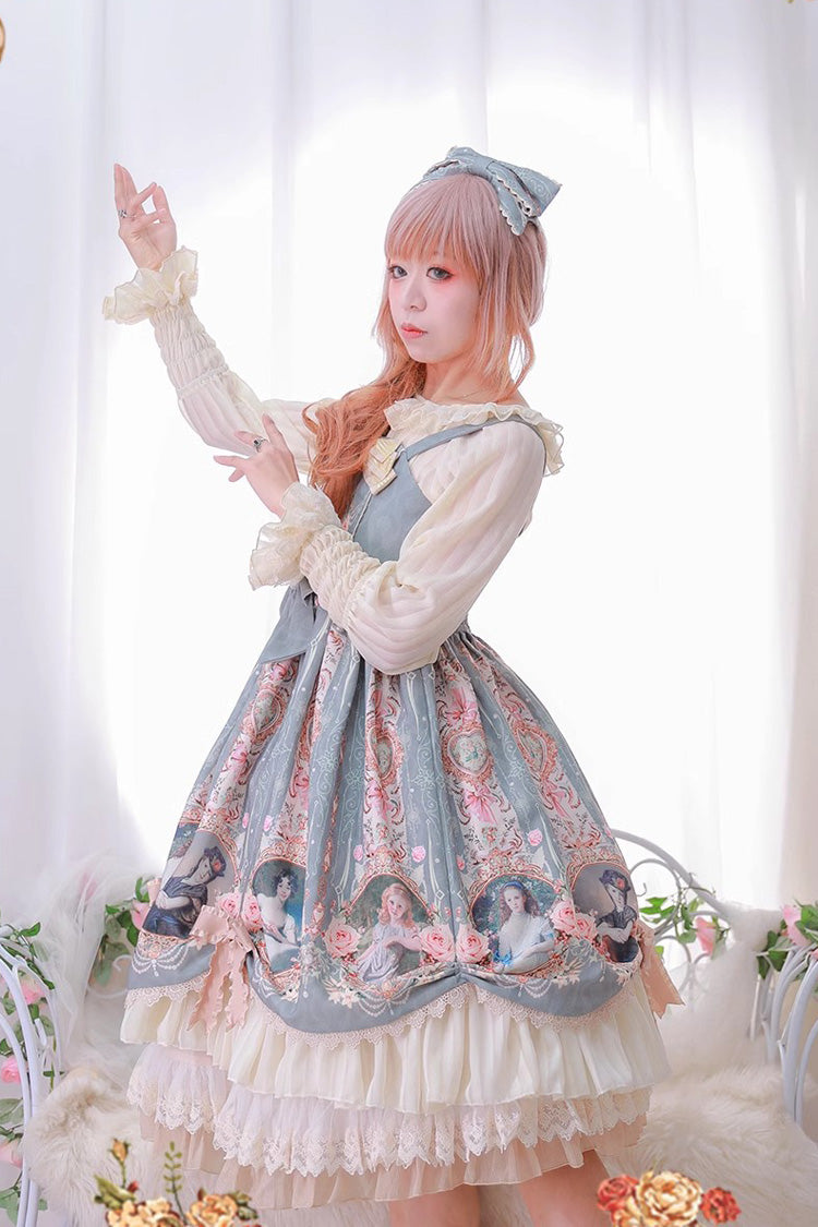 Portrait of A Little Lady Print Ruffle Bowknot Lace Classic Vintage Elegant Lolita Jsk Dress 3 Colors