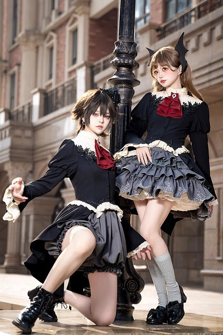 Black Eternal Night Feast Multi-Layered Ruffle Lace Gothic Princess Lolita Top and Skirt Set