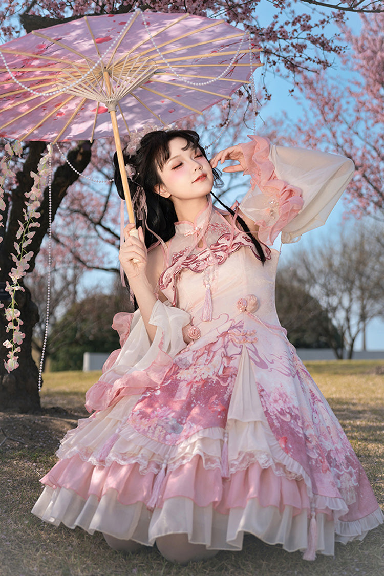 Pink Flower Feast Multi-Layered Print Ruffle Bowknot Sweet Chinese Style Lolita Jsk Dress