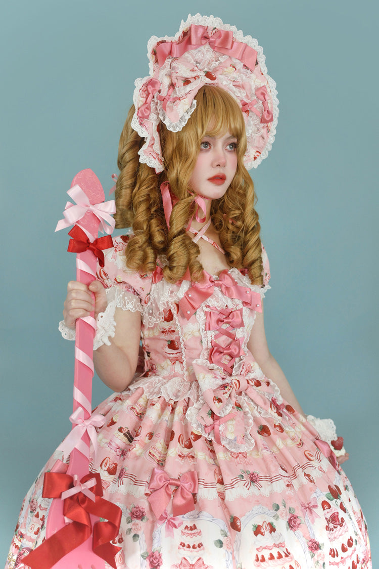 Strawberry Cake Bouquet Print Square Collar Short Sleeves Bowknot Lace Sweet Lolita Dress 3 Colors
