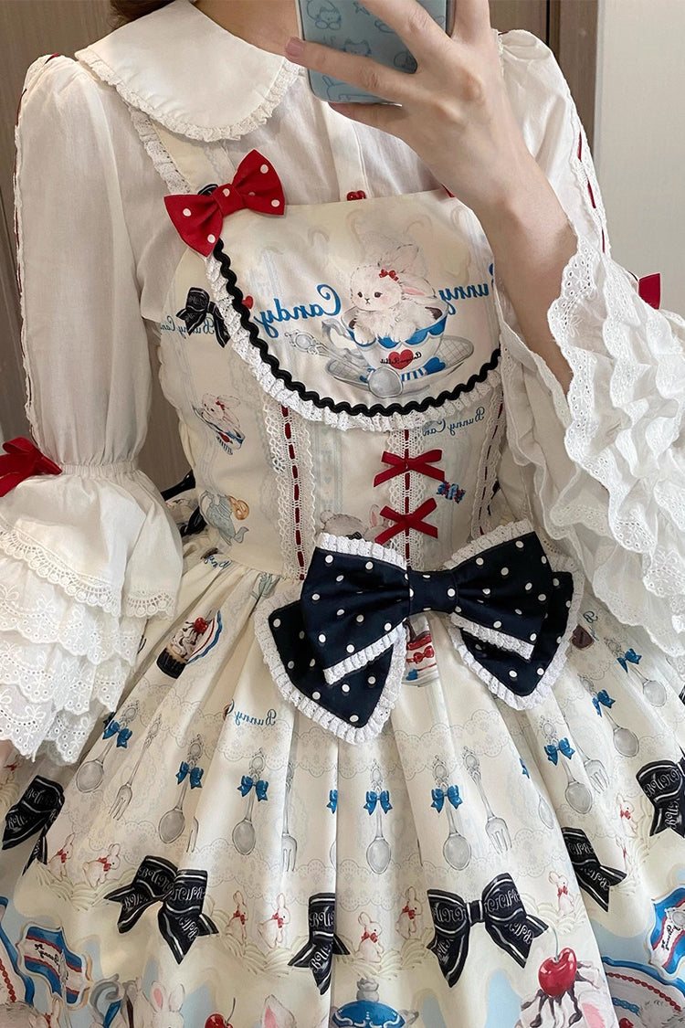 Beige Mystery Rabbit Tea Party Sleeveless Print Ruffle Bowknot Lace Sweet Lolita Jsk Dress