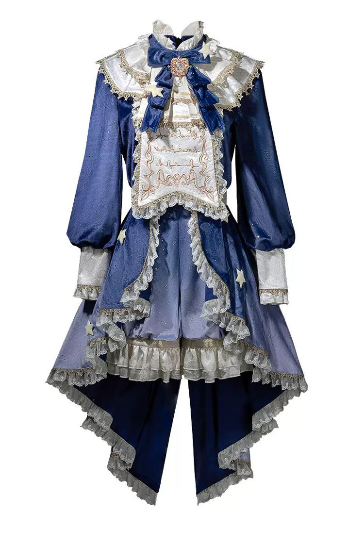 Blue Long Sleeves Ombre Ruffled Bow Ouji Gothic Lolita Swallowtail Dress Shorts Set