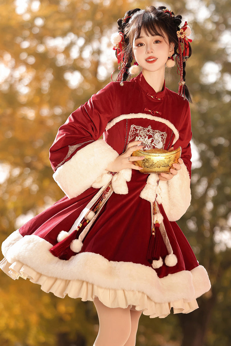 Red Long Sleeves Ruffle Embroidery Bowknot Chinese Style Sweet Lolita Hanfu Dress