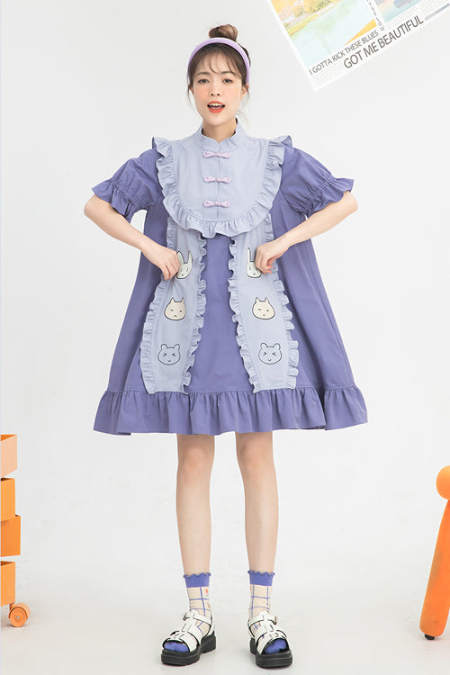 Purple Chinoiserie Button Stand Collar Short Sleeves Ruffled Cute Rabbit Ears High Waisted Sweet Lolita Dress