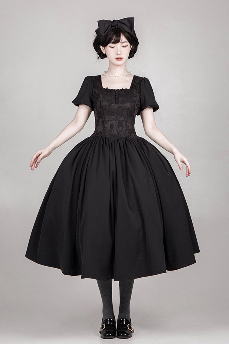 Black Old Testament Short Sleeves Ruffle Embroidery Bowknot Lace-Up Gothic Lolita Dress 2 Versions