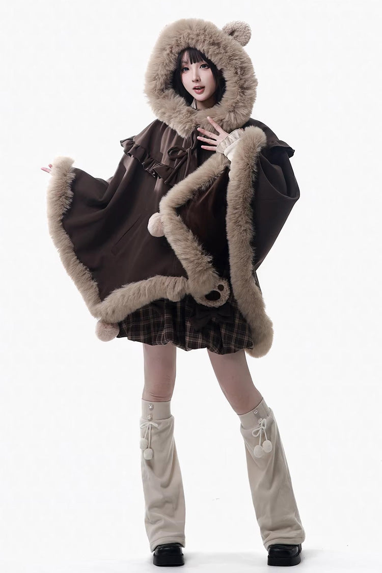 Brown Fluffy Little Bear Plaid Printed Ruffled Bow Sweet Lolita Strap Dress