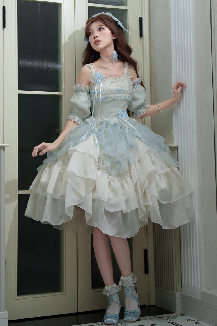 Goodnight Camellia Sleeveless Ombre Multi-Layered Printed Ruffled Lace Fishbone Sweet Lolita Jsk Dress 3 Colors