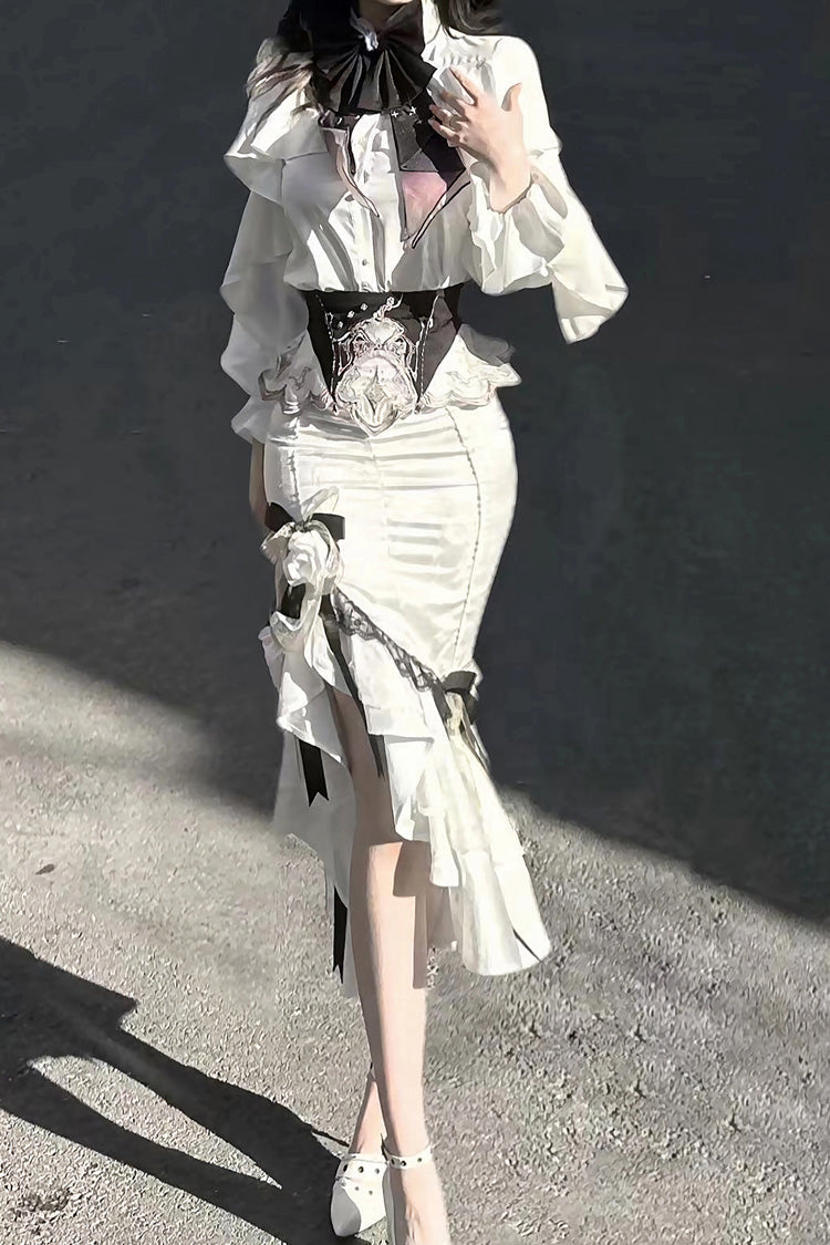 White Star Gate Jacquard Embroidery Bowknot Irregular Sweet Elegant Princess Lolita Skirt