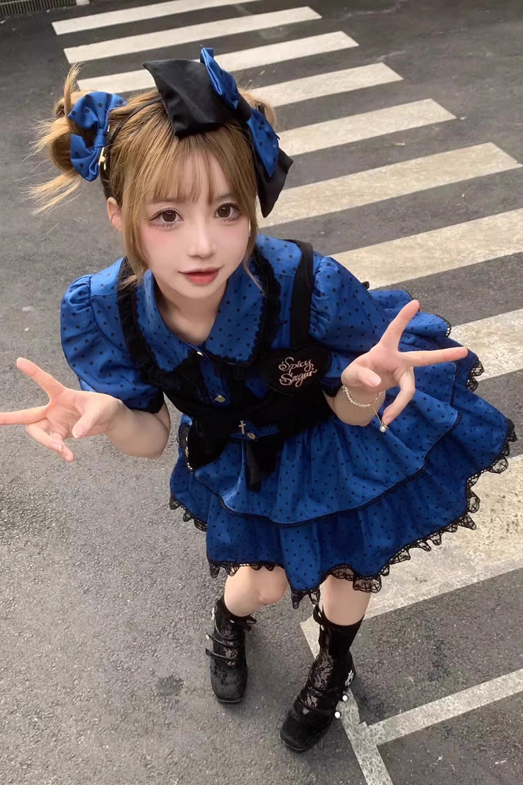 Blue/Black Multi-Layer Polka Dot Print Bowknot Princess Sweet Lolita Skirt Set
