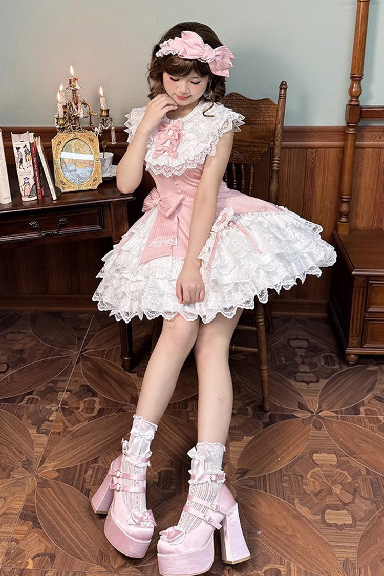 Pink Miss Tsundere Sleeveless Multi-Layered Ruffle Bowknot Lace Asymmetric Sweet Princess Lolita Dress