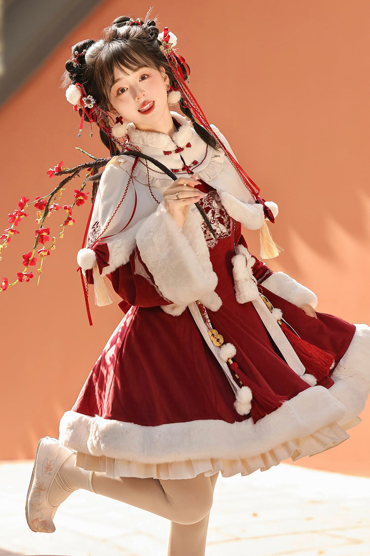 Red Long Sleeves Ruffle Embroidery Bowknot Chinese Style Sweet Lolita Hanfu Dress