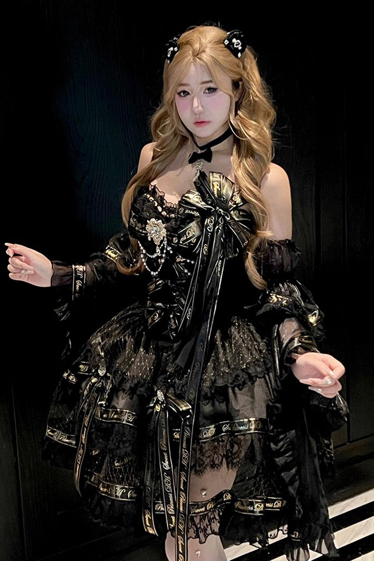 Black Golden Obsidian Night Sleeveless Double-Layered Ruffle Bowknot Pearl Gothic Princess Lolita Dress